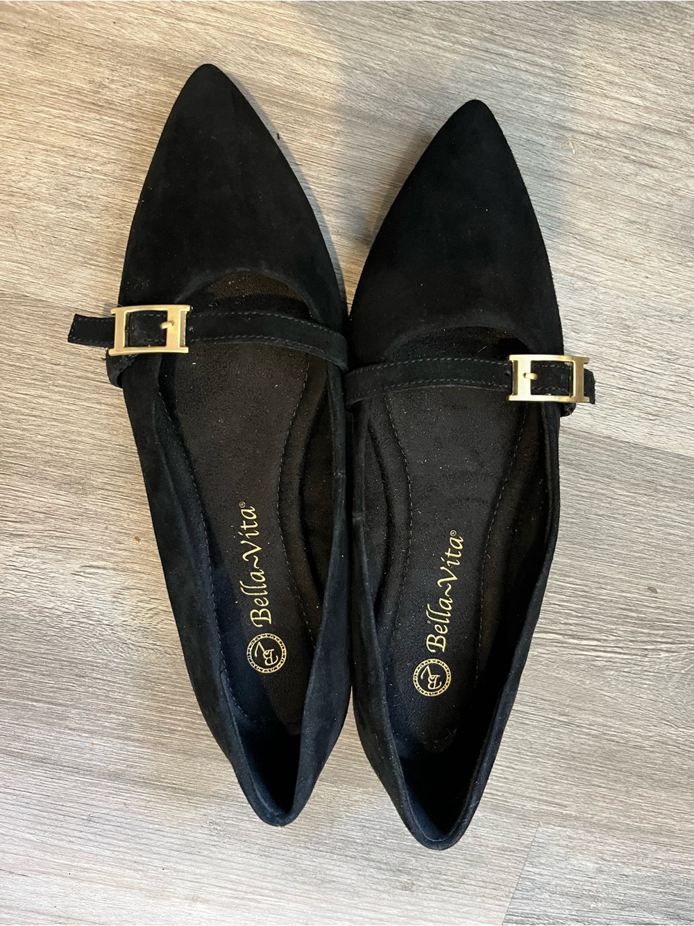 Bella Vita Black suedePointed Toe Flats with Gold Buckle